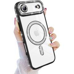 Husa compatibila cu IPhone 17 Air, Compatibila cu MagSafe, Contur Negru cu Pietre