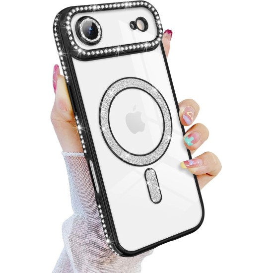Husa compatibila cu IPhone 17 Air, Compatibila cu MagSafe, Contur Negru cu Pietre Husa compatibila cu IPhone 17 Air, Compatibila cu MagSafe, Contur Negru cu Pietre