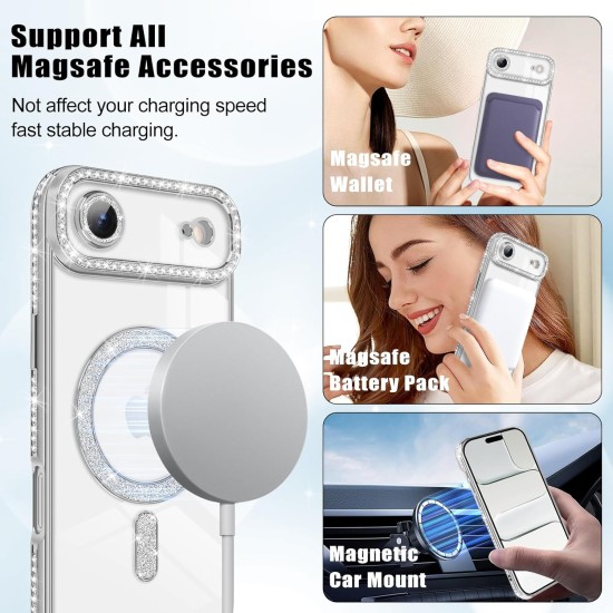 Husa compatibila cu IPhone 17 Air, Compatibila cu MagSafe, Contur Silver cu Pietre Husa compatibila cu IPhone 17 Air, Compatibila cu MagSafe, Contur Silver cu Pietre