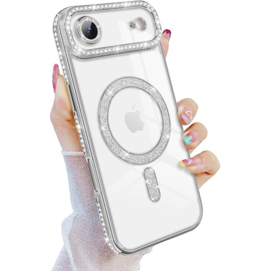 Husa compatibila cu IPhone 17 Air, Compatibila cu MagSafe, Contur Silver cu Pietre Husa compatibila cu IPhone 17 Air, Compatibila cu MagSafe, Contur Silver cu Pietre