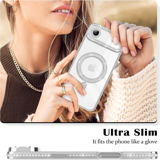 Husa compatibila cu IPhone 17 Air, Compatibila cu MagSafe, Contur Silver cu Pietre Husa compatibila cu IPhone 17 Air, Compatibila cu MagSafe, Contur Silver cu Pietre