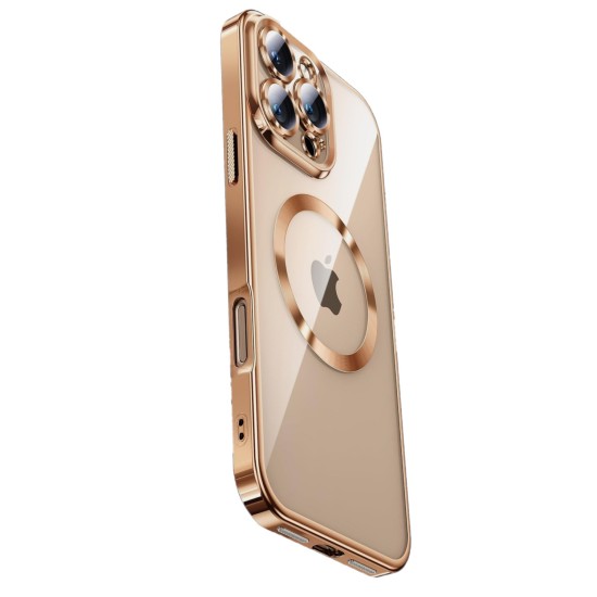 Husa compatibila cu IPhone 16 Pro, ALC MOBILE, pentru telefon mobil cu protectie pentru camera, Tehnologie MagSafe, rezistenta la socuri, contur Gold