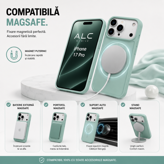 Husa Matte Big Hole MagSafe pentru IPhone 17 Pro, protectie completa , contur Turqoise