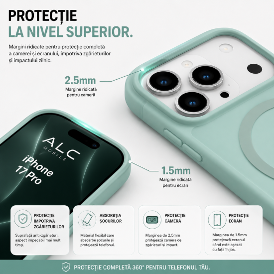 Husa Matte Big Hole MagSafe pentru IPhone 17 Pro, protectie completa , contur Turqoise