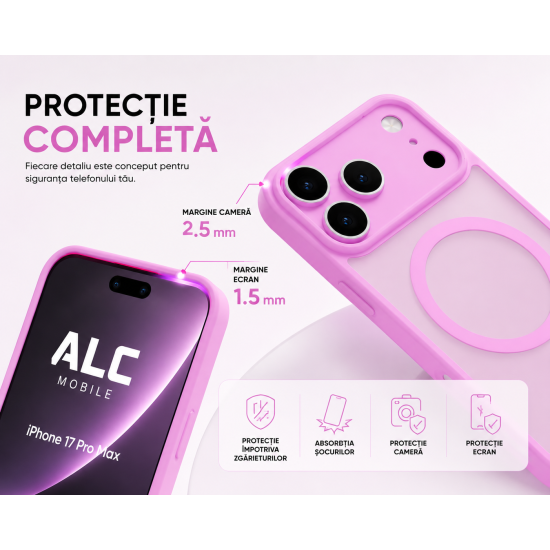 Husa Matte MagSafe pentru IPhone 17 Pro Max, protectie completa, contur Roz