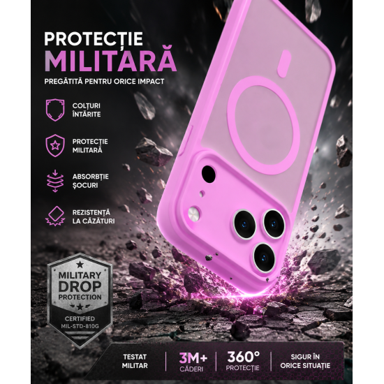 Husa Matte MagSafe pentru IPhone 17 Pro Max, protectie completa, contur Roz