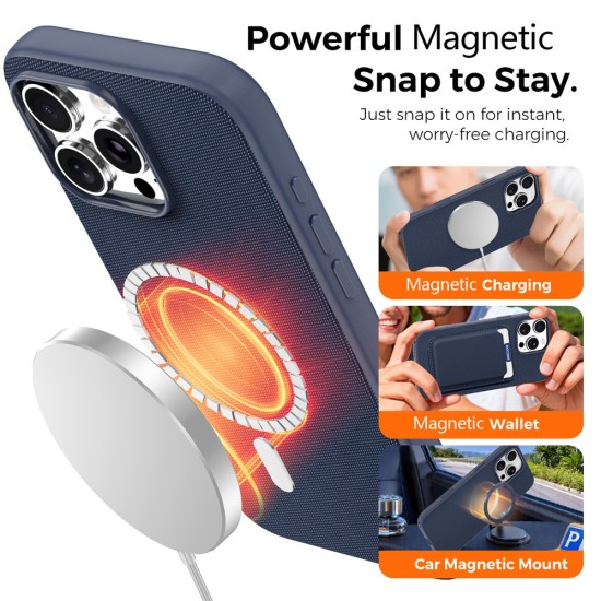 Husa compatibila cu iPhone 16 Pro, MagSafe, Design Woven, Soft Touch, Antisoc, Albastru Inchis