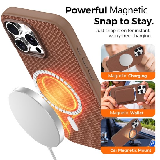 Husa compatibila cu iPhone 16 Pro, MagSafe, Design Woven, Soft Touch, Antisoc, Maro