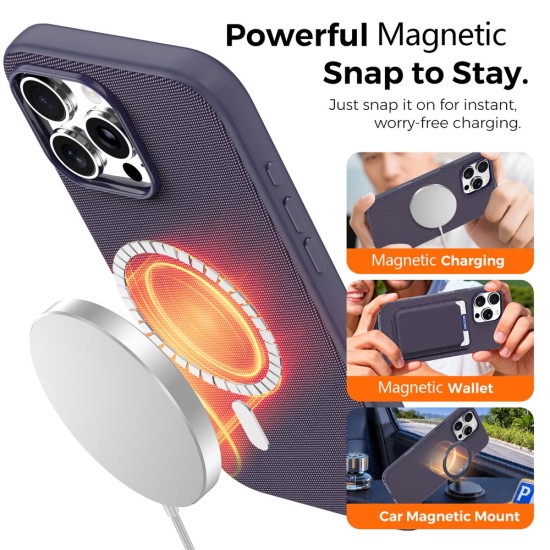 Husa compatibila cu iPhone 16 Pro, MagSafe, Design Woven, Soft Touch, Antisoc, Mov