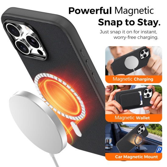 Husa compatibila cu iPhone 16 Pro, MagSafe, Design Woven, Soft Touch, Antisoc, Negru