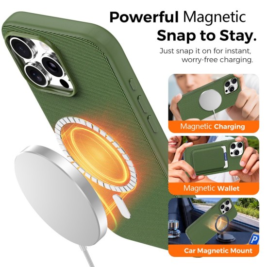Husa compatibila cu iPhone 16 Pro, MagSafe, Design Woven, Soft Touch, Antisoc, Verde