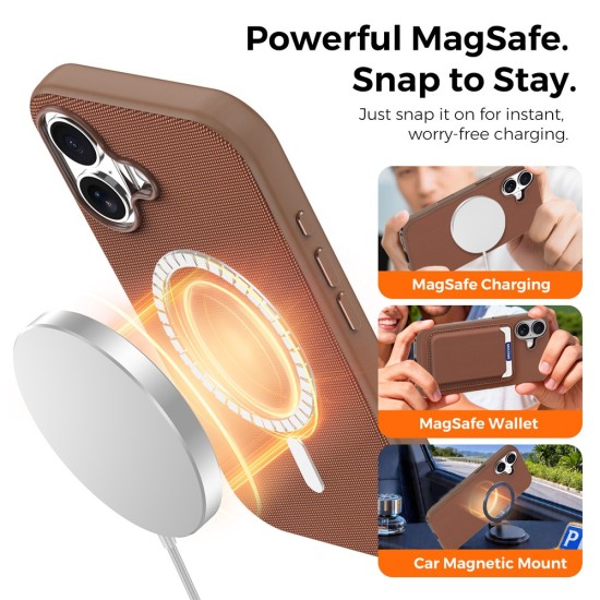 Husa compatibila cu iPhone 16, MagSafe, Design Woven, Soft Touch, Antisoc, Maro