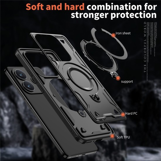Husa military armour cu inel metalic, ALC MOBILE, compatibila cu Xiaomi Redmi Note 14 5G, Negru