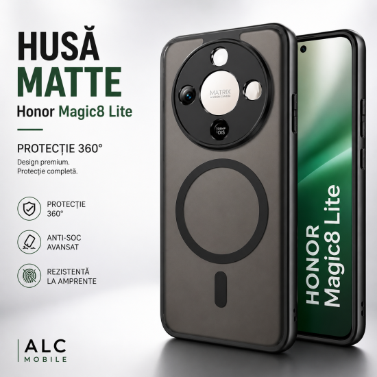 Husa pentru Honor Magic 8 Lite, Matte MagSafe, Protectie 360, Anti-Soc, Protectie Camera, Negru