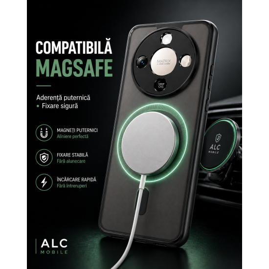 Husa pentru Honor Magic 8 Lite, Matte MagSafe, Protectie 360, Anti-Soc, Protectie Camera, Negru