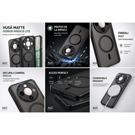 Husa pentru Honor Magic 8 Lite, Matte MagSafe, Protectie 360, Anti-Soc, Protectie Camera, Negru