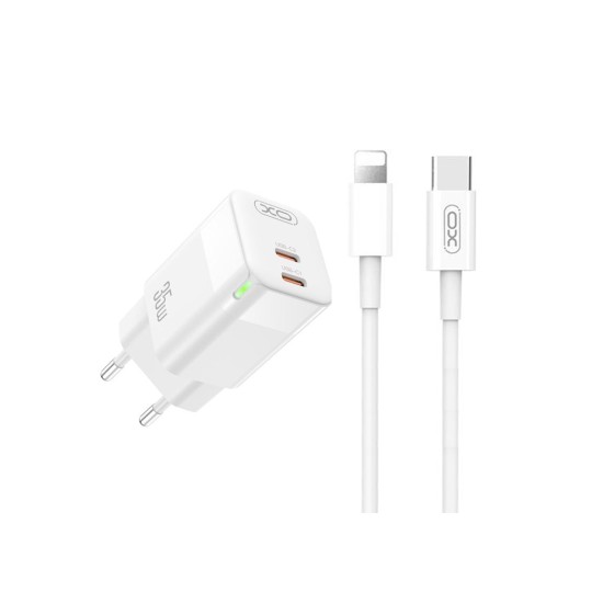 Incarcator Retea XO CE07, GaN PD35W, 2x USB-C, Cablu Lightning 1m, Fast Charge, Alb