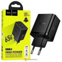 Incarcator Retea Hoco N75, GaN 65W, PD, QC3.0, 2x USB-C + USB, Fast Charge, Negru Incarcator Retea Hoco N75, GaN 65W, PD, QC3.0, 2x USB-C + USB, Fast Charge, Negru