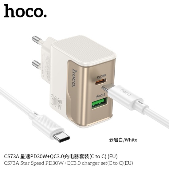 Incarcator Retea Hoco CS73A, PD30W, QC3.0, USB-C + USB, Cablu USB-C 1m, Fast Charge, Alb