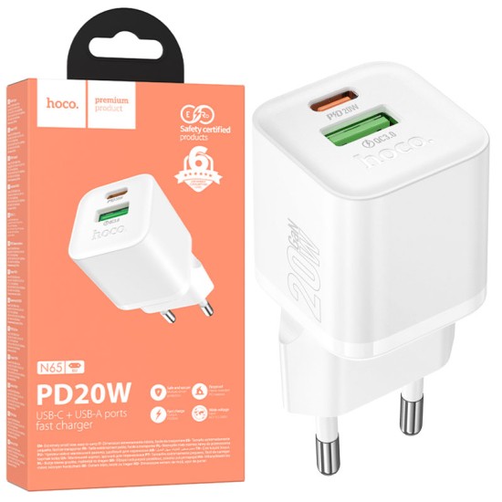 Incarcator Retea Hoco N65, PD20W, QC3.0, USB-C + USB, Fast Charge, Compact, Alb Incarcator Retea Hoco N65, PD20W, QC3.0, USB-C + USB, Fast Charge, Compact, Alb