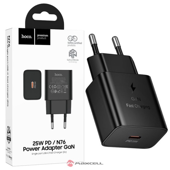 Incarcator Retea Hoco N76, GaN 25W, USB-C, PD, Fast Charge, Adaptive, Compact, Negru