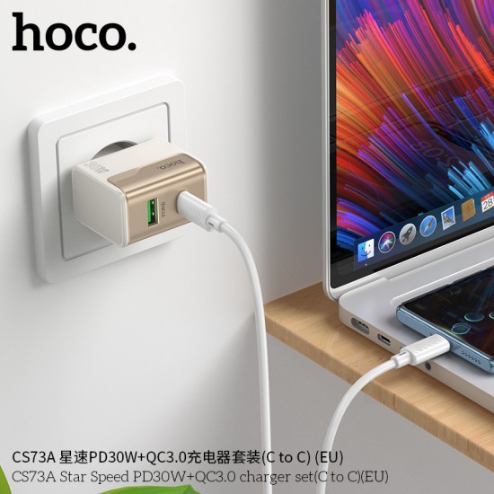 Incarcator Retea Hoco CS73A, PD30W, QC3.0, USB-C + USB, Cablu USB-C 1m, Fast Charge, Alb
