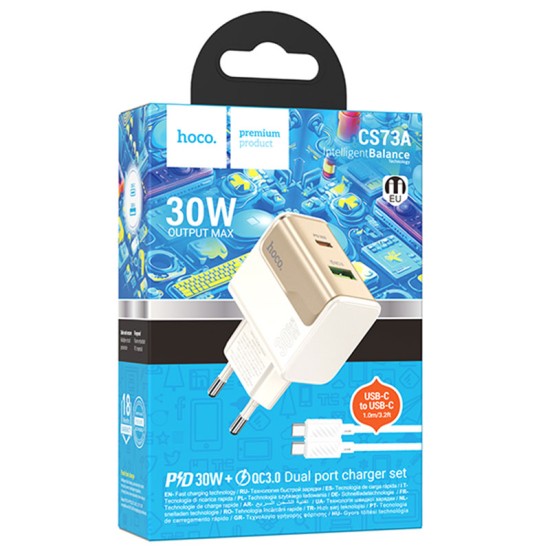 Incarcator Retea Hoco CS73A, PD30W, QC3.0, USB-C + USB, Cablu USB-C 1m, Fast Charge, Alb