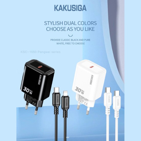 Incarcator Retea Kakusiga KSC-1650, PD30W, USB-C, Cablu USB-C 1m, Fast Charge, Alb