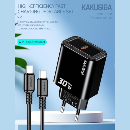Incarcator Retea Kakusiga KSC-1650, PD30W, USB-C, Cablu USB-C 1m, Fast Charge, Alb