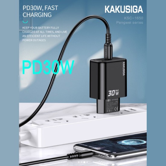 Incarcator Retea Kakusiga KSC-1650, PD30W, USB-C, Cablu USB-C 1m, Fast Charge, Alb