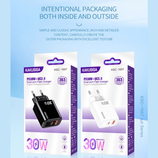 Incarcator Retea Kakusiga KSC-1657, PD30W, QC3.0, 2x USB, Fast Charge, Alb