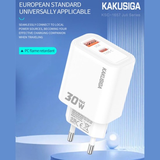 Incarcator Retea Kakusiga KSC-1657, PD30W, QC3.0, 2x USB, Fast Charge, Alb
