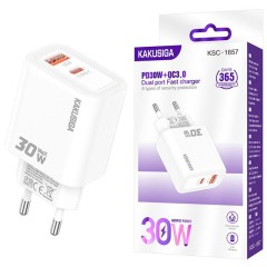 Incarcator Retea Kakusiga KSC-1657, PD30W, QC3.0, 2x USB, Fast Charge, Alb