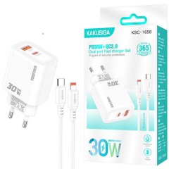 Incarcator Retea Kakusiga KSC-1658, PD30W, QC3.0, 2x USB, Cablu Lightning 1m, Fast Charge, Alb
