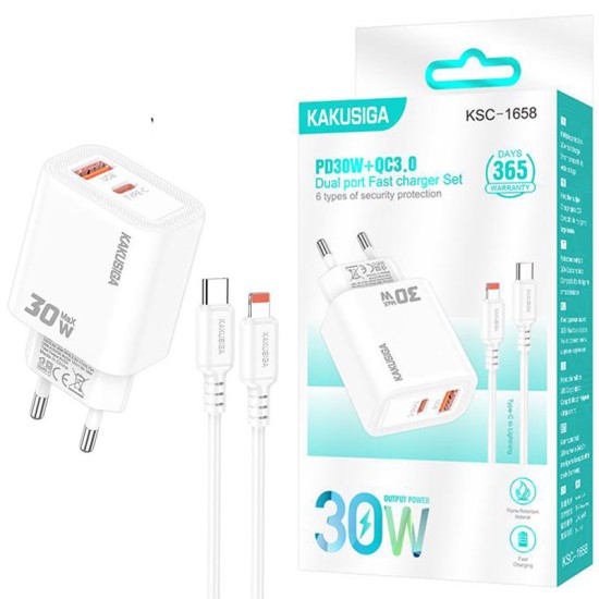 Incarcator Retea Kakusiga KSC-1658, PD30W, QC3.0, 2x USB, Cablu Lightning 1m, Fast Charge, Alb