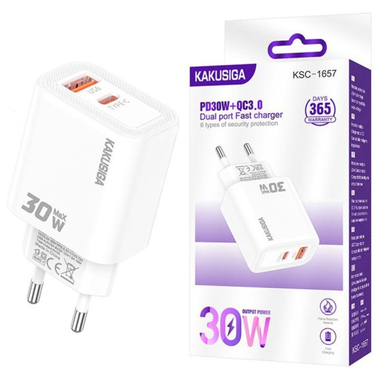 Incarcator Retea Kakusiga KSC-1657, PD30W, QC3.0, 2x USB, Fast Charge, Alb Incarcator Retea Kakusiga KSC-1657, PD30W, QC3.0, 2x USB, Fast Charge, Alb