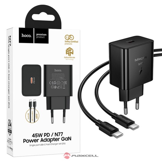 Incarcator Retea Hoco N77, GaN 45W, PD, QC3.0, USB + Cablu USB-C 1m, Fast Charge, Negru