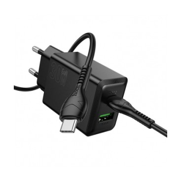 Incarcator Retea Hoco N71 + Cablu USB-C 1m, PD30W + QC3.0, 5V 3A, Fast Charge, 1xUSB-C + 1xUSB, Negru