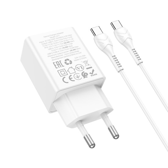 Incarcator Retea Hoco N71 + Cablu USB-C 1m, PD30W + QC3.0, 5V 3A, Fast Charge, 1xUSB-C + 1xUSB, Alb Incarcator Retea Hoco N71 + Cablu USB-C 1m, PD30W + QC3.0, 5V 3A, Fast Charge, 1xUSB-C + 1xUSB, Alb