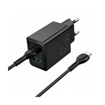 Incarcator Retea Hoco N71 + Cablu USB-C 1m, PD30W + QC3.0, 5V 3A, Fast Charge, 1xUSB-C + 1xUSB, Negru
