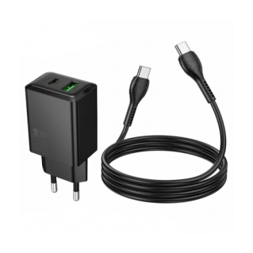 Incarcator Retea Hoco N71 + Cablu USB-C 1m, PD30W + QC3.0, 5V 3A, Fast Charge, 1xUSB-C + 1xUSB, Negru