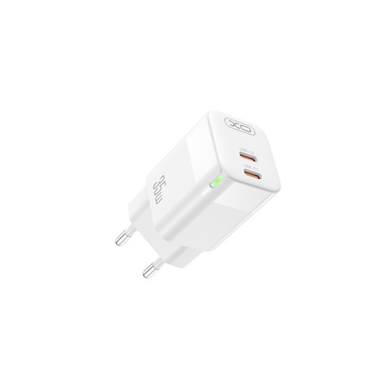 Incarcator Retea XO CE07, GaN PD35W, 2x USB-C, Cablu Lightning 1m, Fast Charge, Alb