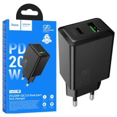 Incarcator Retea Hoco N69, PD20W, QC3.0, USB-C + USB, Fast Charge, Compact, Negru
