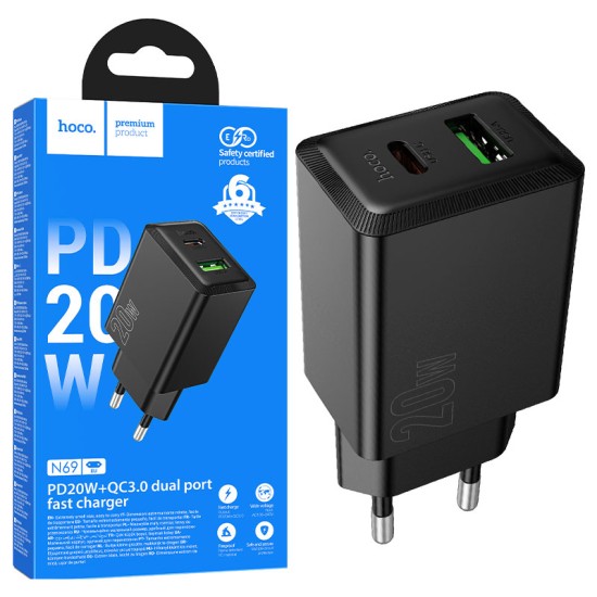 Incarcator Retea Hoco N69, PD20W, QC3.0, USB-C + USB, Fast Charge, Compact, Negru