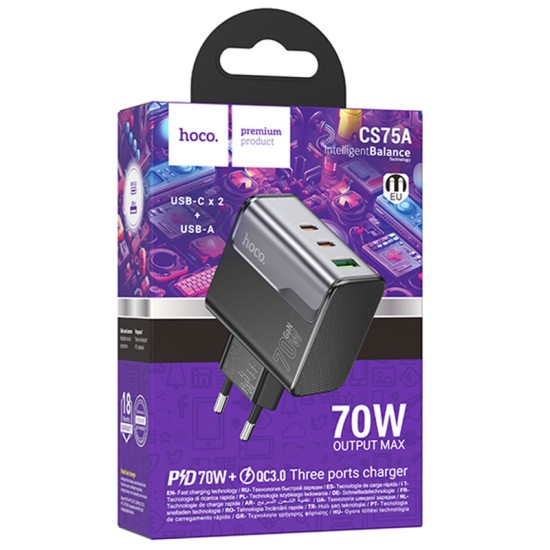 Incarcator Retea Hoco CS75A, PD70W, QC3.0, 2x USB-C + USB, Fast Charge, StarSpeed, Negru Incarcator Retea Hoco CS75A, PD70W, QC3.0, 2x USB-C + USB, Fast Charge, StarSpeed, Negru