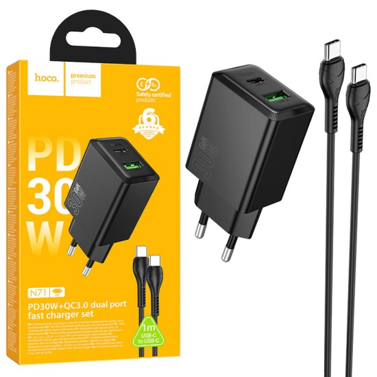 Incarcator Retea Hoco N71 + Cablu USB-C 1m, PD30W + QC3.0, 5V 3A, Fast Charge, 1xUSB-C + 1xUSB, Negru Incarcator Retea Hoco N71 + Cablu USB-C 1m, PD30W + QC3.0, 5V 3A, Fast Charge, 1xUSB-C + 1xUSB, Negru
