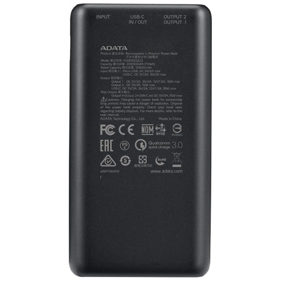 Acumulator Extern 2 x USB, Type-C, Quick Charge 3.0, PD 18W, 3A, 20000mAh, Digital Display - Adata (AP20000QCD-DGT-CBK) - Black Acumulator Extern 2 x USB, Type-C, Quick Charge 3.0, PD 18W, 3A, 20000mAh, Digital Display - Adata (AP20000QCD-DGT-CBK) - Black