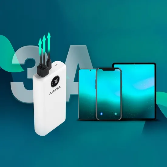 Acumulator extern 2 x USB, Type-C, Quick Charge 3.0, PD 18W, 3A, 20000mAh, Digital Display - Adata (AP20000QCD-DGT-CWH) - White Acumulator extern 2 x USB, Type-C, Quick Charge 3.0, PD 18W, 3A, 20000mAh, Digital Display - Adata (AP20000QCD-DGT-CWH) - White