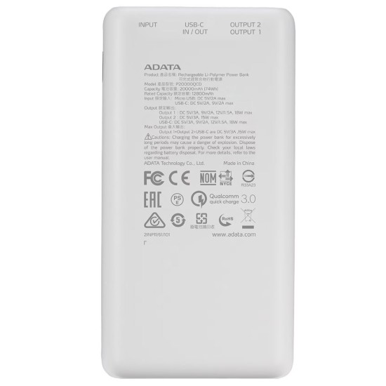 Acumulator extern 2 x USB, Type-C, Quick Charge 3.0, PD 18W, 3A, 20000mAh, Digital Display - Adata (AP20000QCD-DGT-CWH) - White Acumulator extern 2 x USB, Type-C, Quick Charge 3.0, PD 18W, 3A, 20000mAh, Digital Display - Adata (AP20000QCD-DGT-CWH) - White