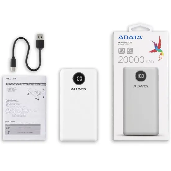 Acumulator extern 2 x USB, Type-C, Quick Charge 3.0, PD 18W, 3A, 20000mAh, Digital Display - Adata (AP20000QCD-DGT-CWH) - White Acumulator extern 2 x USB, Type-C, Quick Charge 3.0, PD 18W, 3A, 20000mAh, Digital Display - Adata (AP20000QCD-DGT-CWH) - White